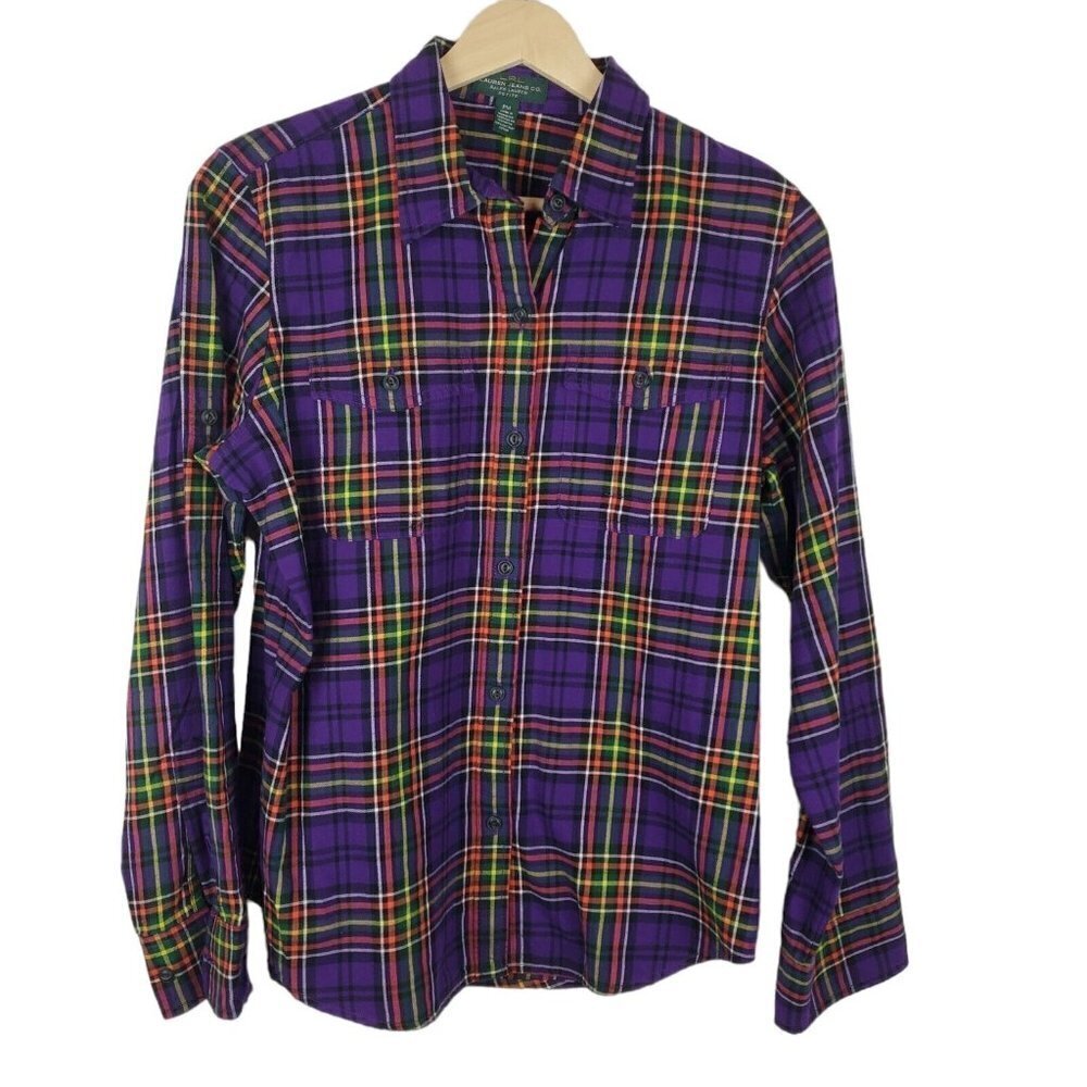 Lauren Ralph Lauren Button Up‎ Shirt Medium Petite Purple Tartan Plaid Halloween